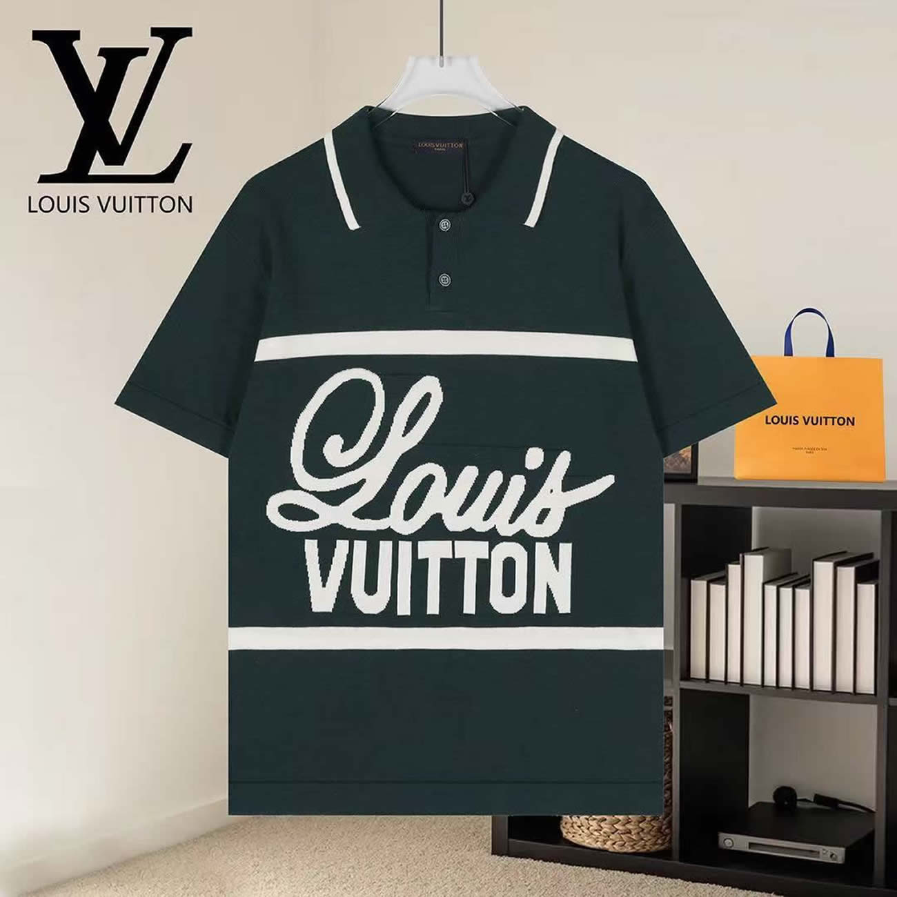 Louis Vuitton Green Polo T Shirt With White Embroidered (5) - www.newkick.vip